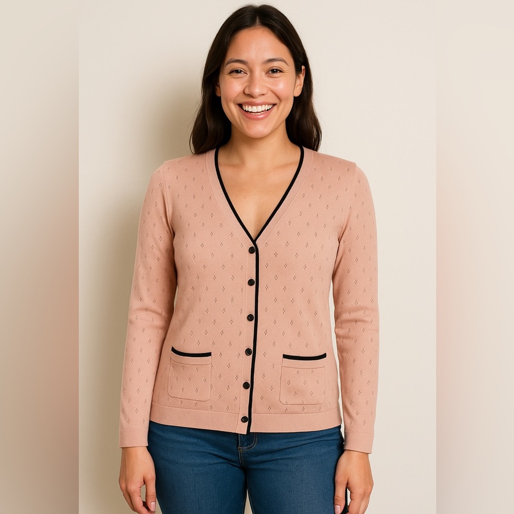 Blush Pink Button-Front Cardigan | Black Trim Detail Sz S